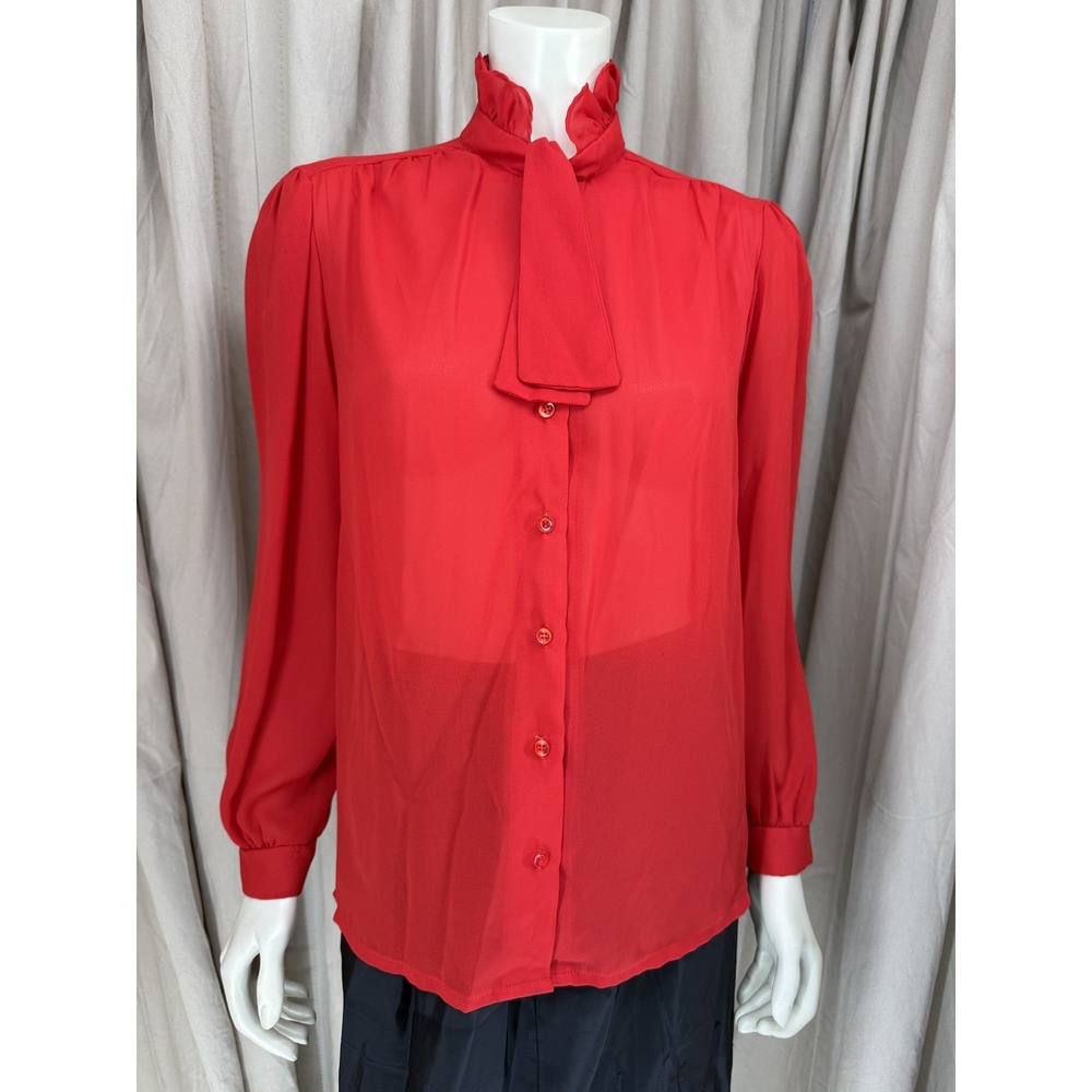 Caribou Red Tie Neck Ruffle Blouse Long Sleeve Button Front Secretary Top 16